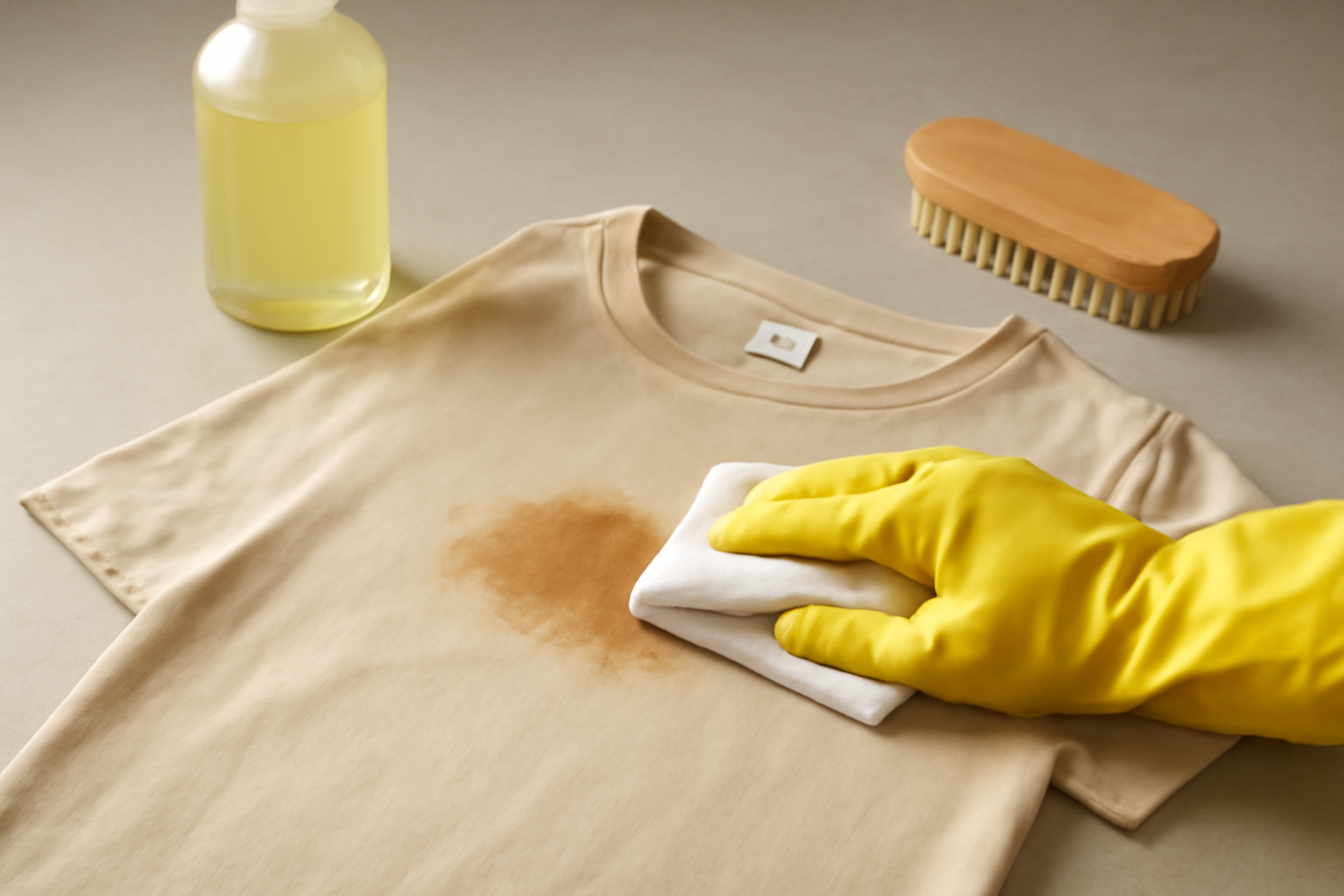 Imagen editorial: Cómo quitar una mancha de grasa de una camisa de algodón de color: métodos para manchas frescas y secas