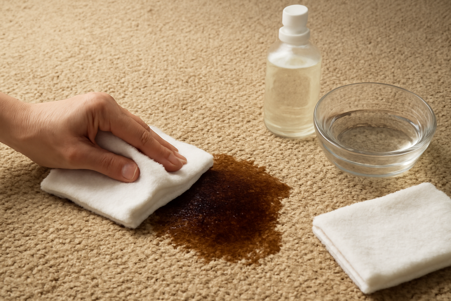 Imagen editorial: Cómo quitar una mancha de café de una alfombra de nailon: métodos para manchas frescas y secas