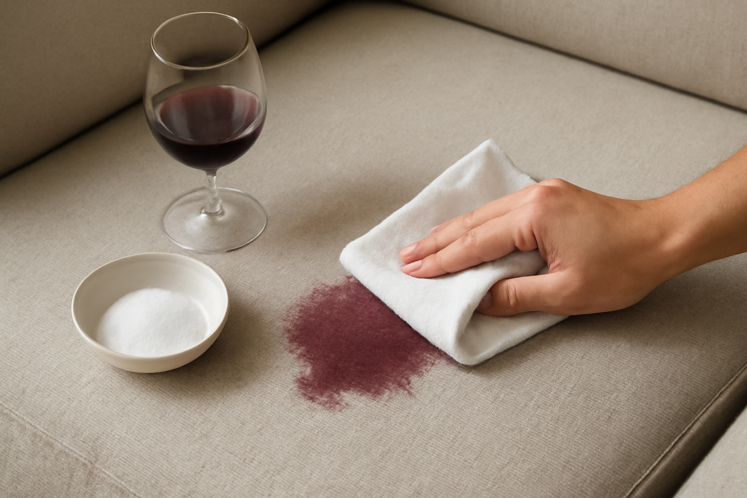 Imagem editorial: Como tirar mancha de vinho tinto de sofá de tecido: guia para mancha fresca e seca