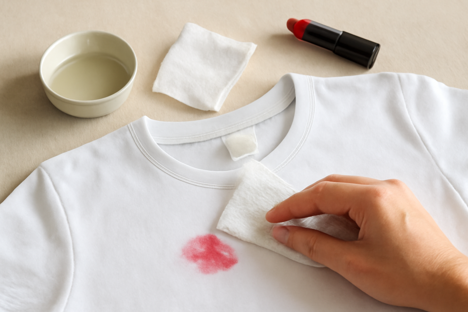 Imagem editorial: Tirar mancha de batom de roupa branca: guia para mancha fresca e seca