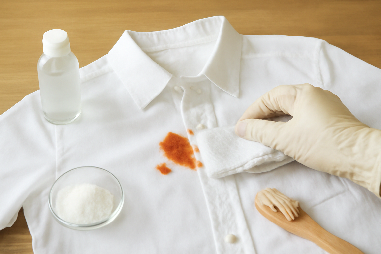 Imagen editorial: Cómo quitar una mancha de salsa de tomate de una camisa de algodón blanco: métodos para manchas frescas y secas