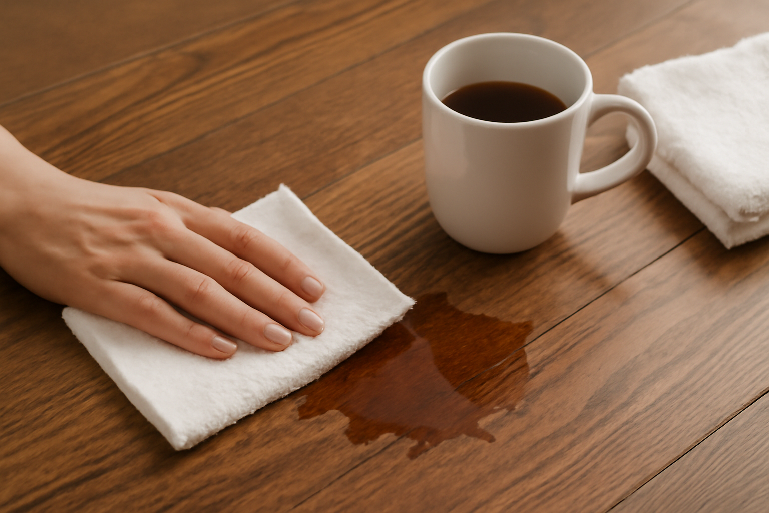 Imagem editorial: Como tirar mancha de café de piso de madeira: guia seguro para mancha fresca e seca
