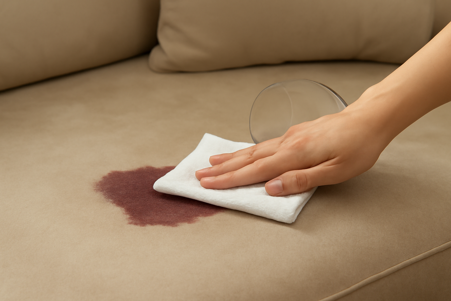 Imagen editorial: Cómo quitar una mancha de vino tinto de un sofá de microfibra: métodos para manchas frescas y secas