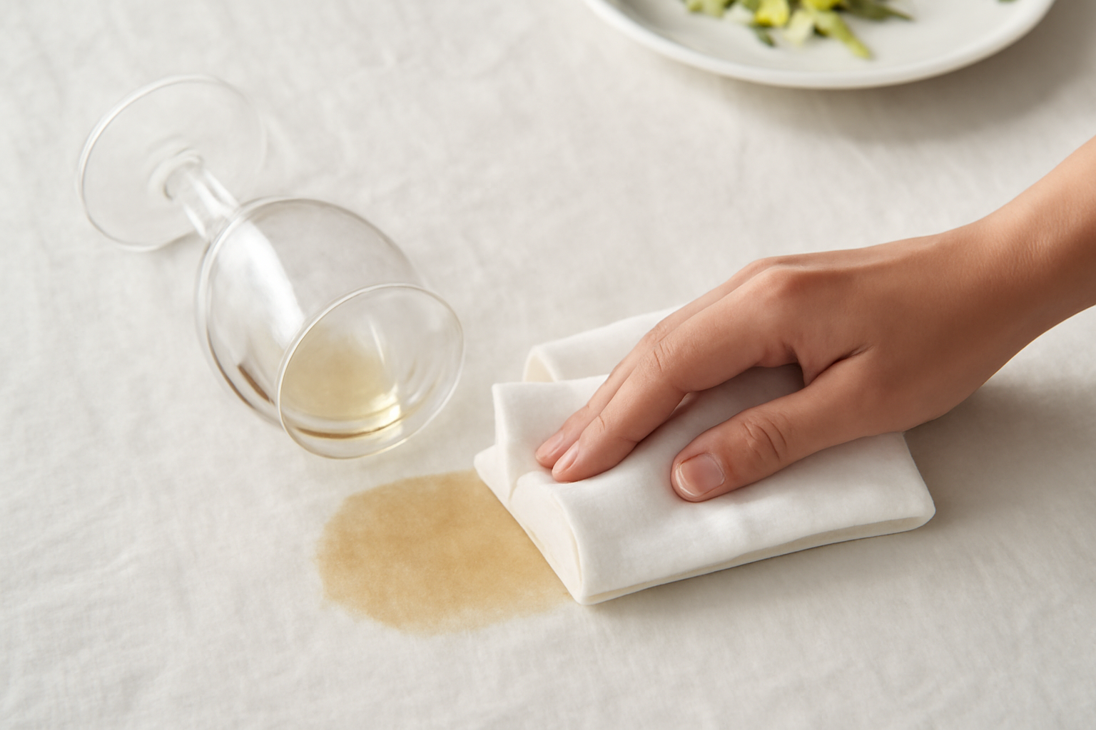 Imagem editorial: Como tirar mancha de vinho branco de toalha de mesa de linho: guia para mancha fresca e seca