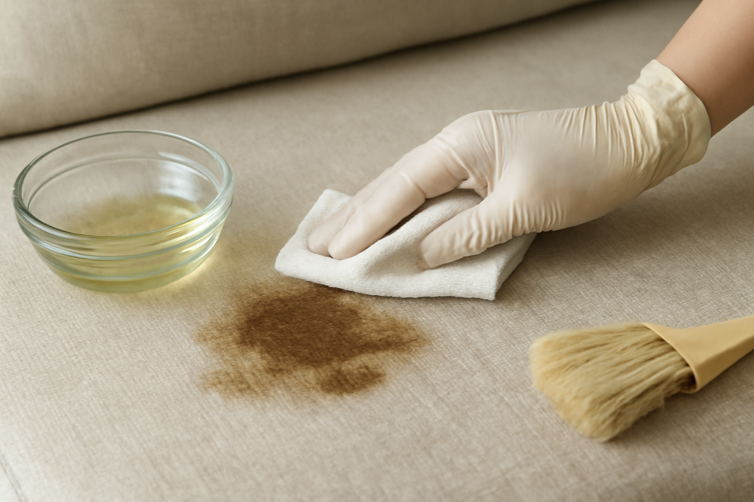 Imagem editorial: Como tirar mancha de gordura de sofá de tecido: guia para mancha fresca e seca