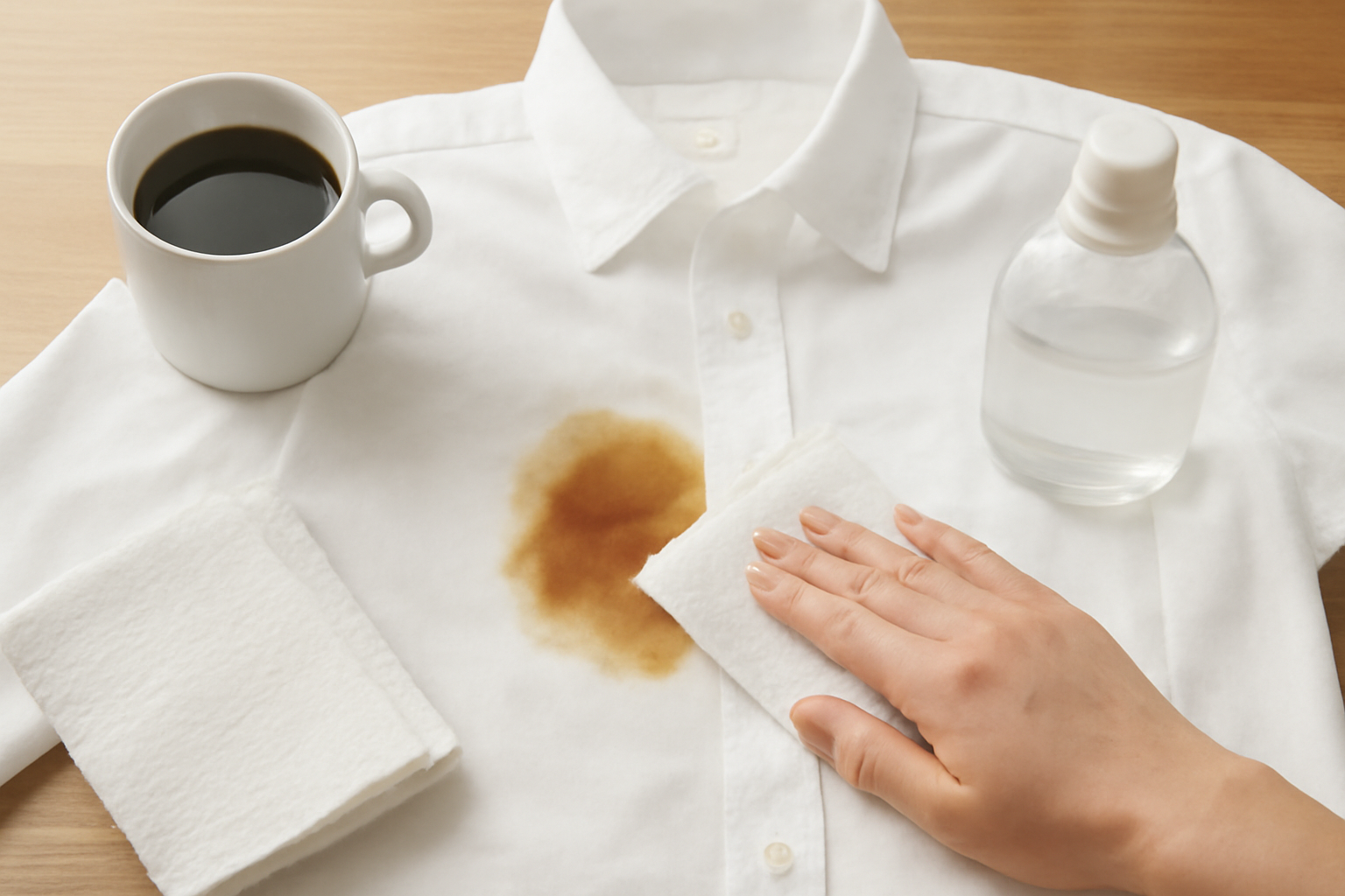 Imagen editorial: Cómo quitar manchas de café de una camisa de algodón blanco: guía para manchas frescas y secas
