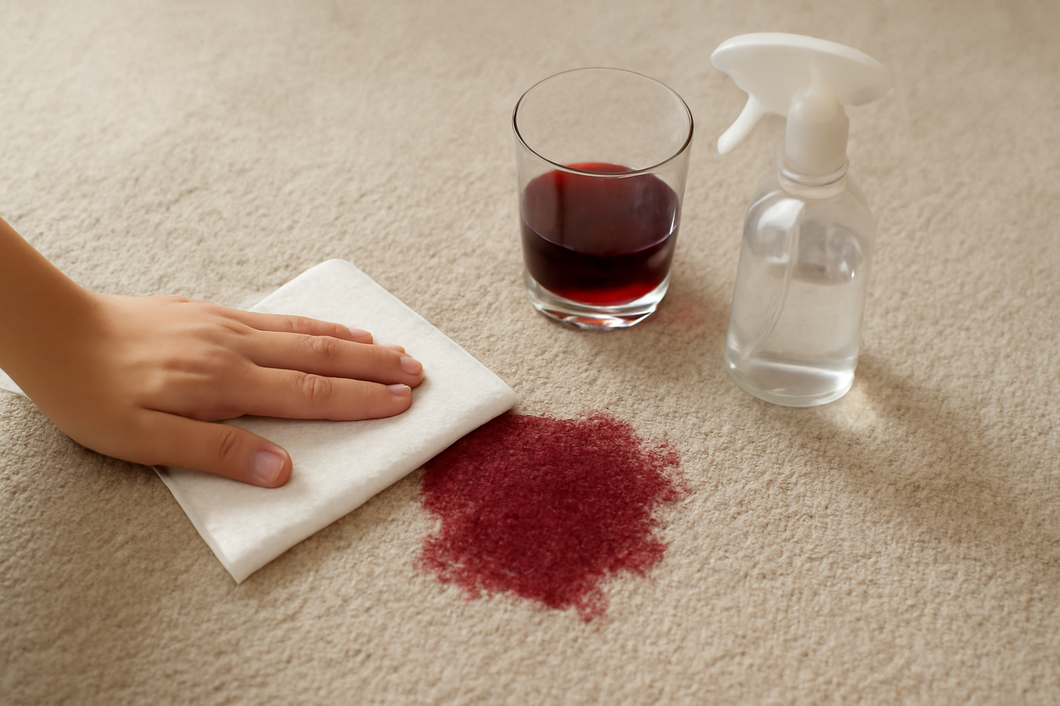 Imagem editorial: Tirar mancha de vinho tinto de carpete claro: guia para mancha fresca e seca