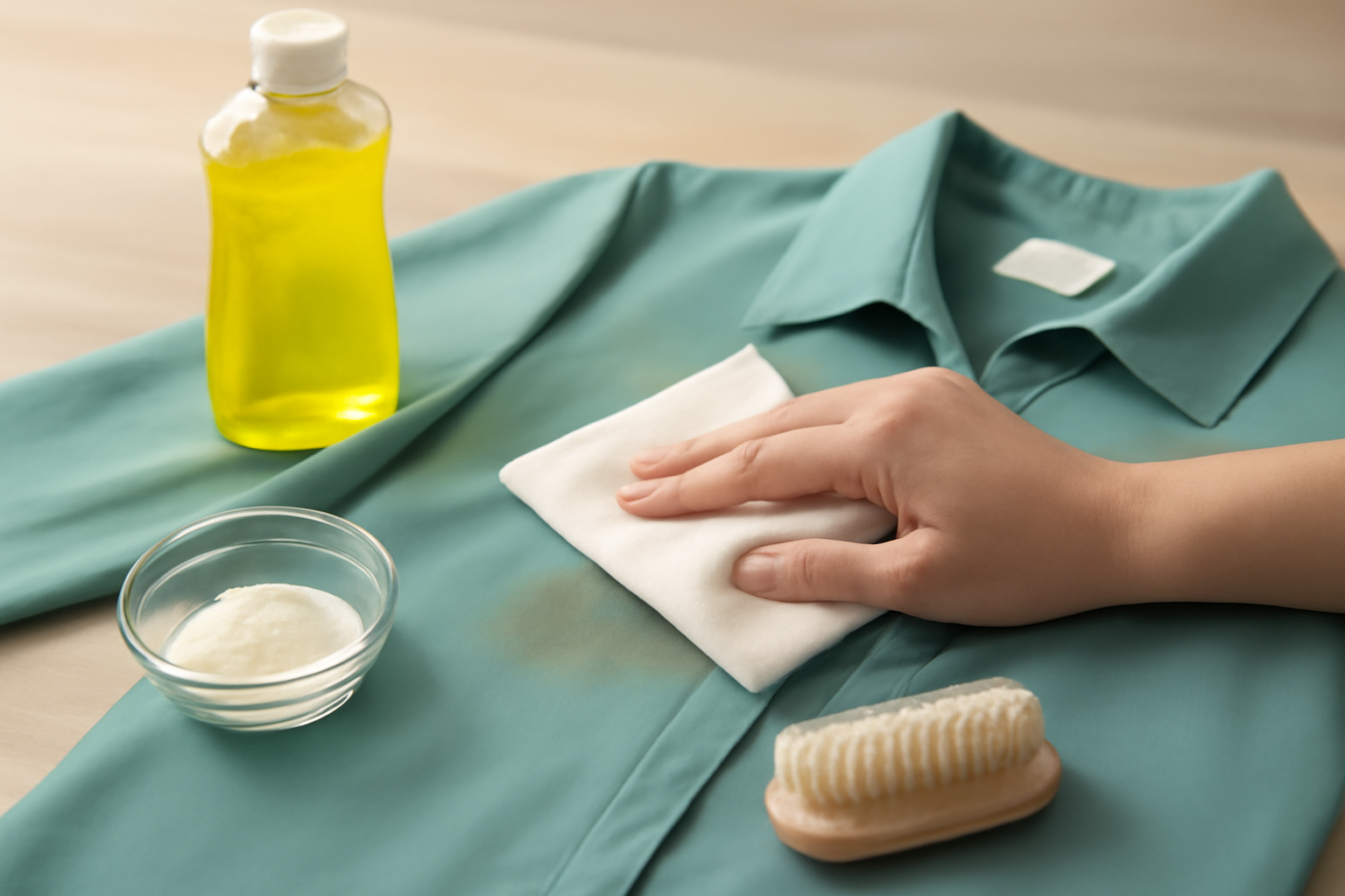 Imagen editorial: Cómo quitar una mancha de grasa de una camisa de poliéster de color: métodos para manchas frescas y secas