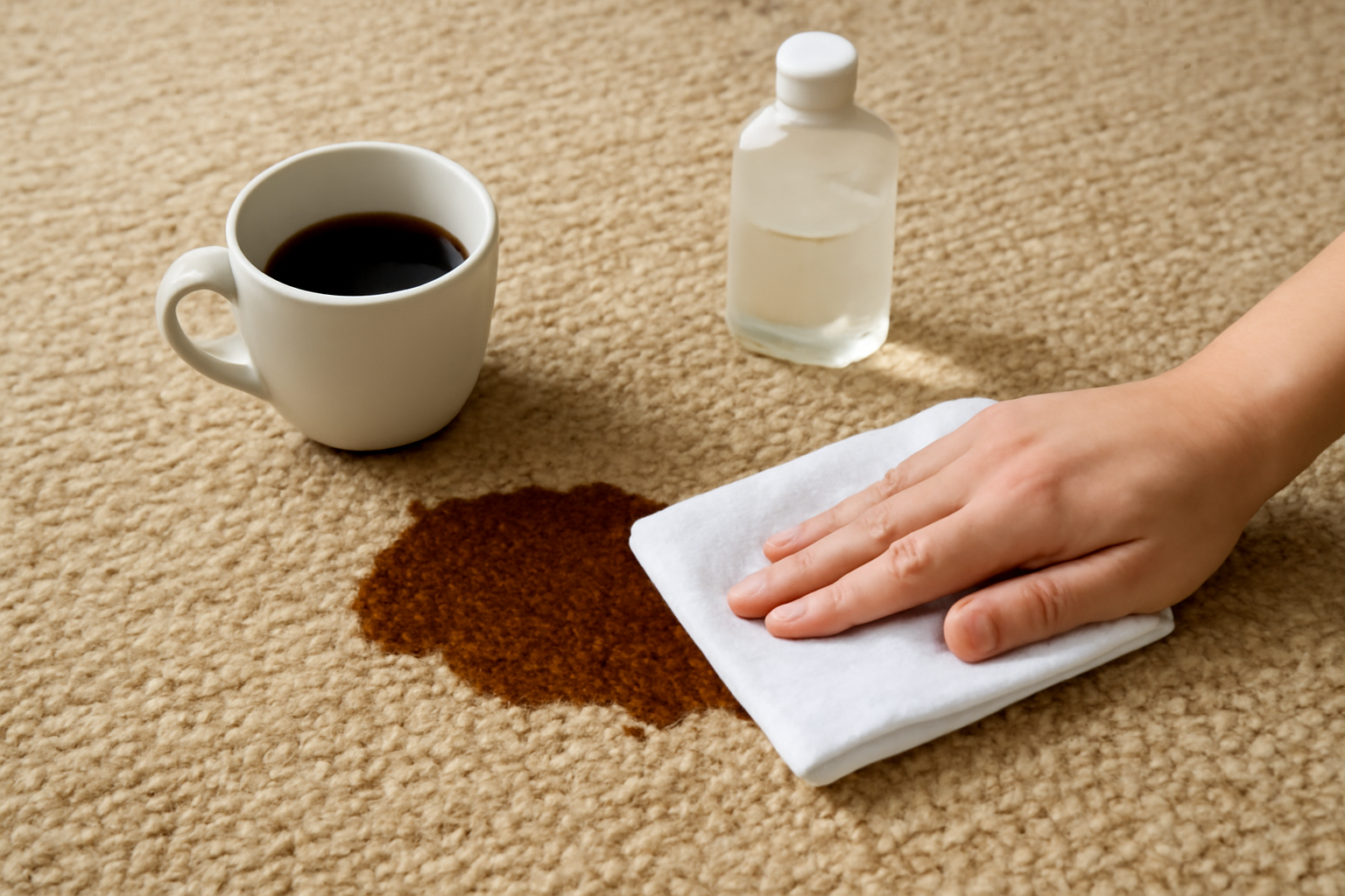 Imagen editorial: Cómo quitar una mancha de café de una alfombra de lana: métodos para manchas frescas y secas