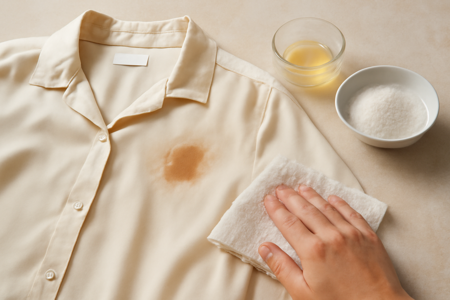Imagen editorial: Cómo quitar una mancha de óxido de una camisa de seda: métodos seguros para manchas frescas y secas
