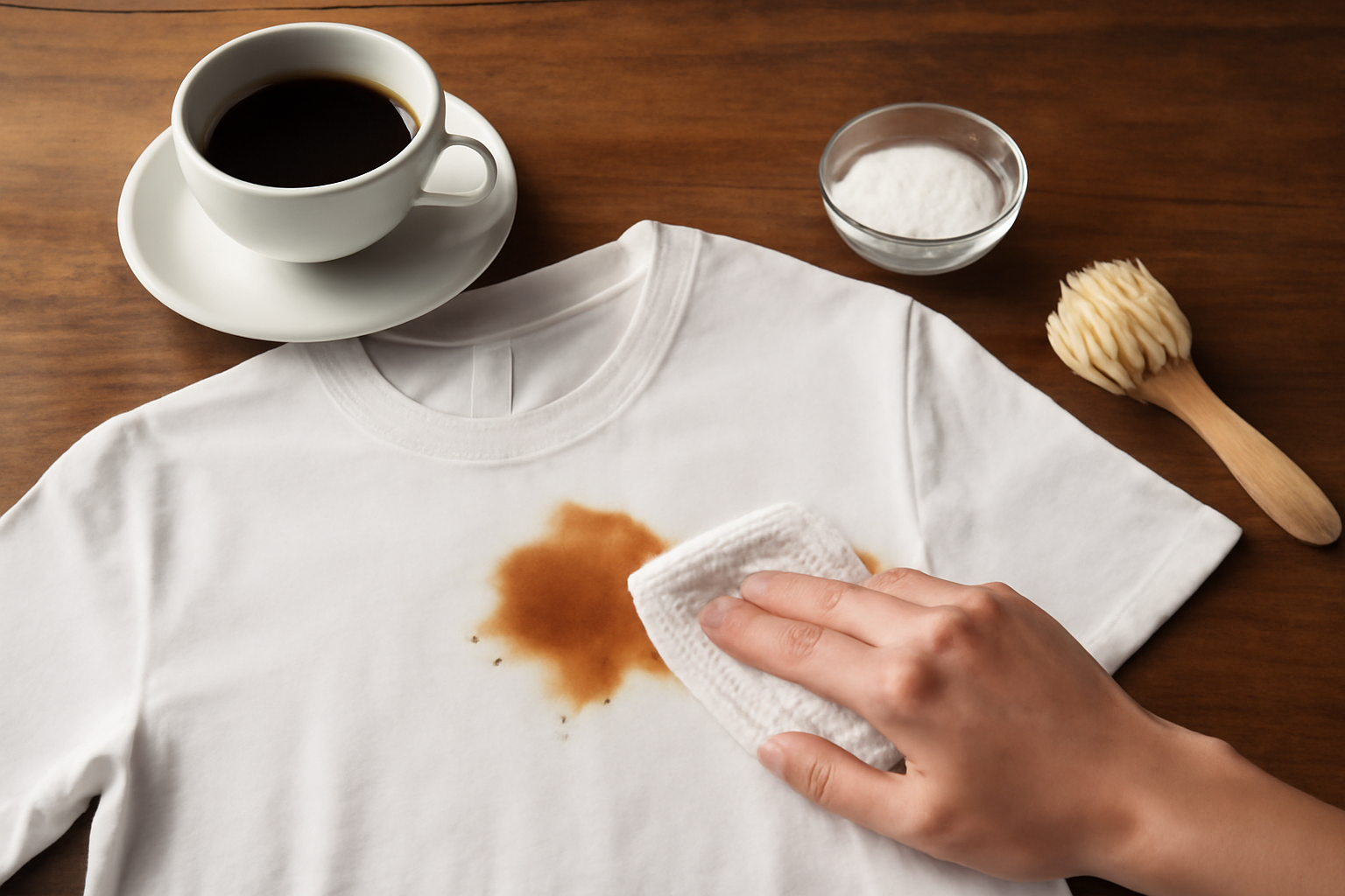 Imagem editorial: Tirar mancha de café de camiseta de algodão: guia para mancha fresca e seca