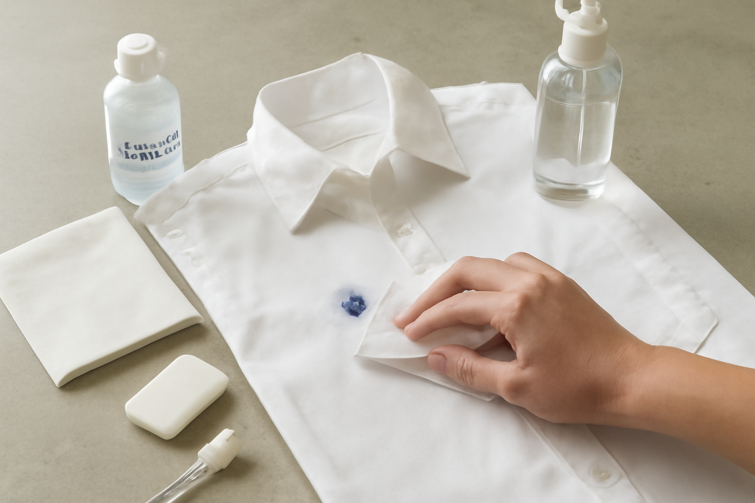 Imagem editorial: Tirar mancha de caneta esferográfica de camisa branca de algodão: guia para traço fresco e seco