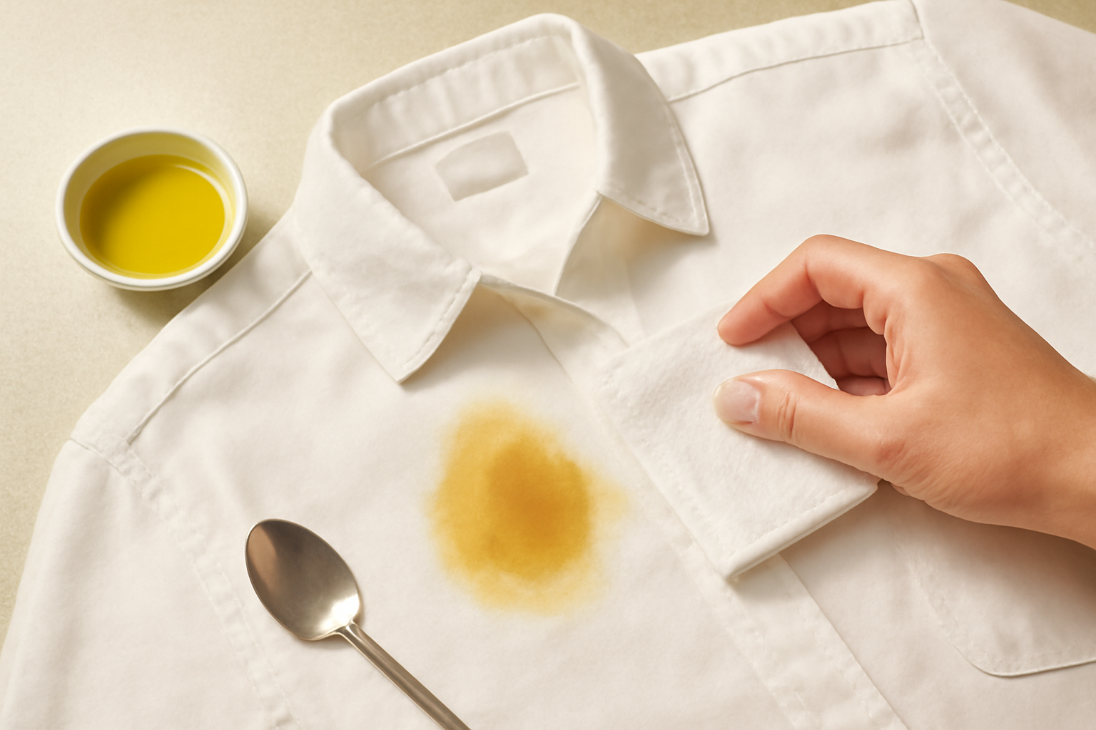Imagen editorial: Cómo quitar una mancha de aceite de oliva de una camisa de algodón orgánico: guía para manchas frescas y secas