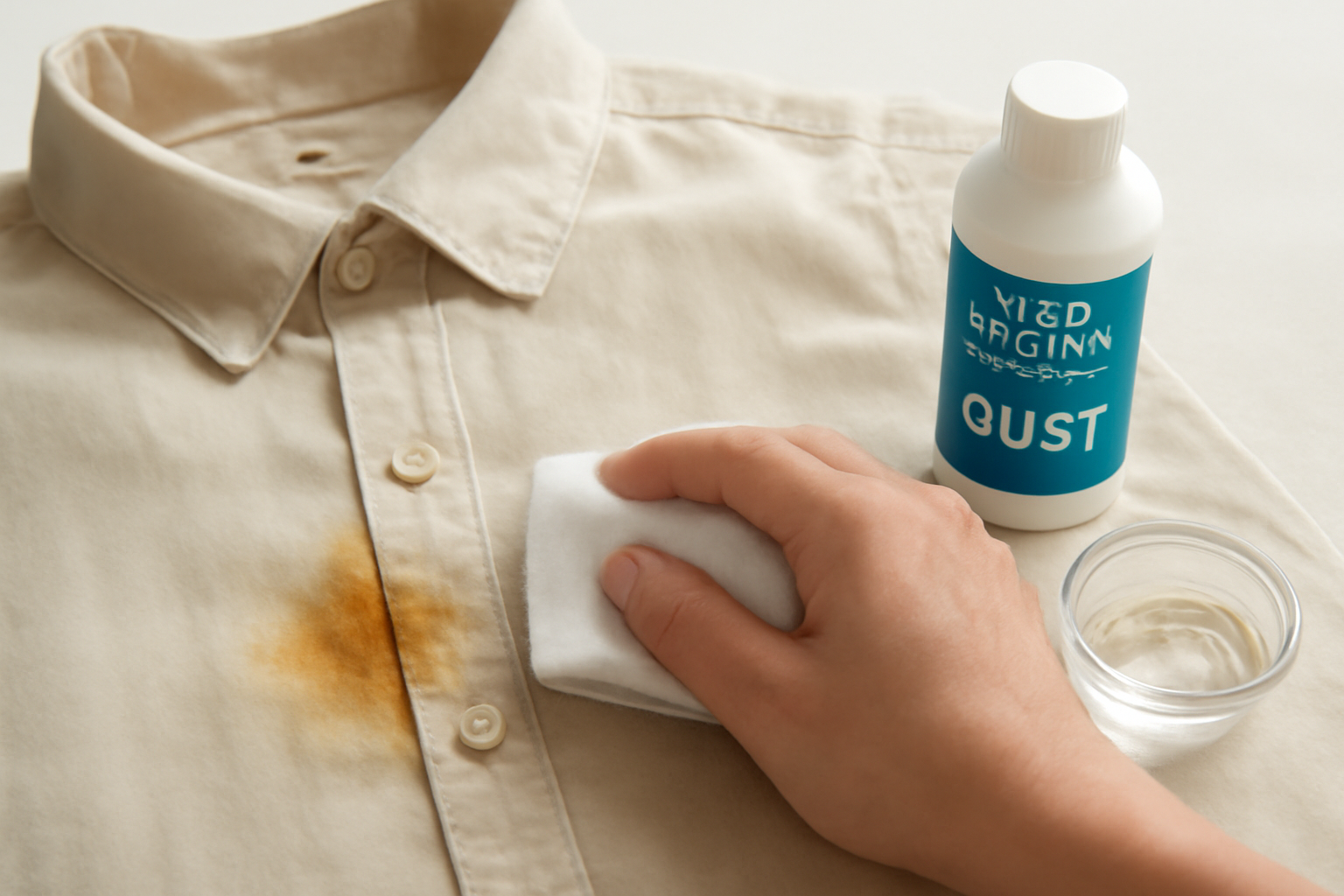 Imagen editorial: Cómo quitar una mancha de óxido de una camisa de algodón de color: métodos para manchas frescas y secas