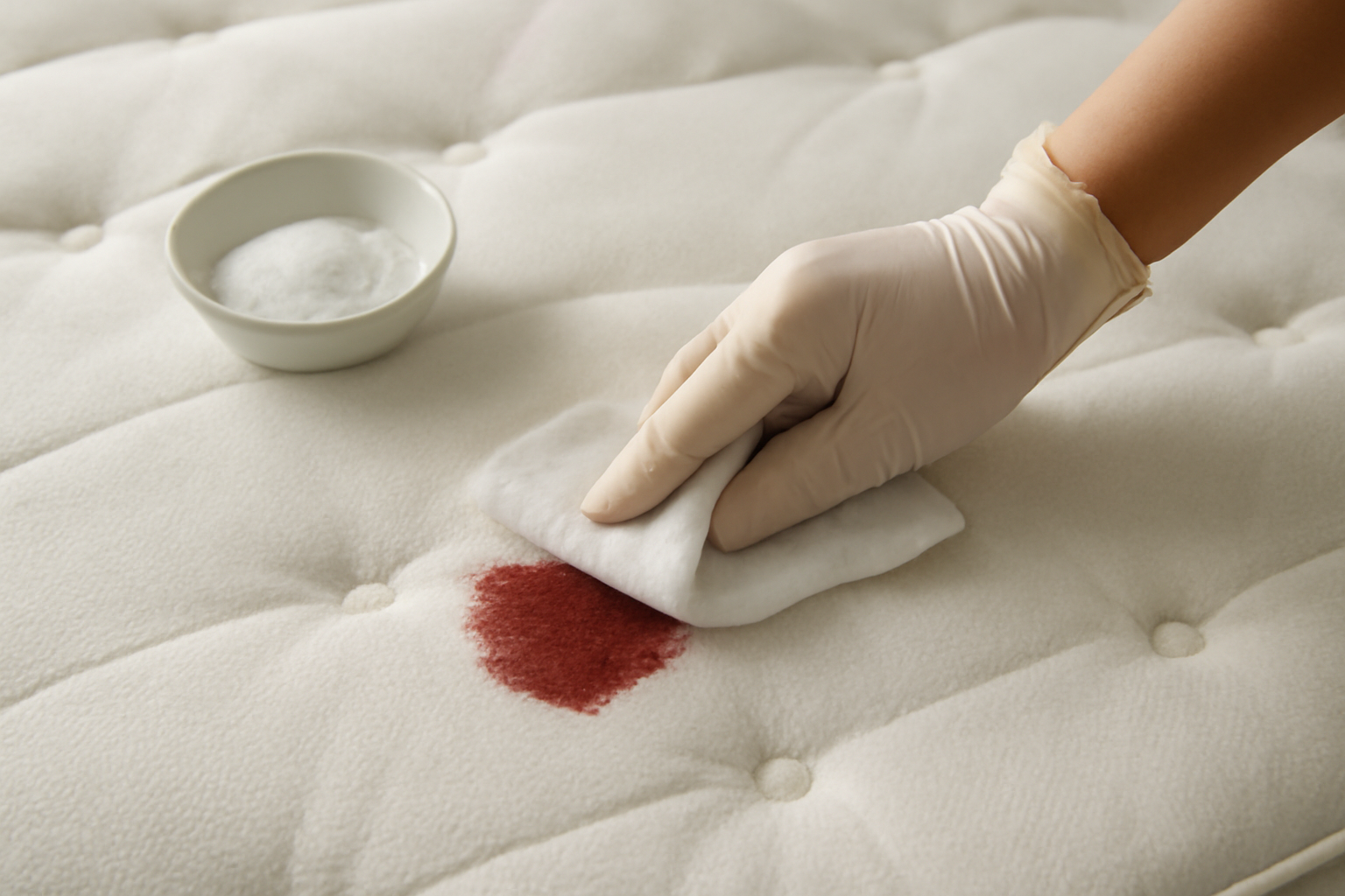 Imagem editorial: Tirar mancha de sangue de colchão: guia para mancha fresca e seca