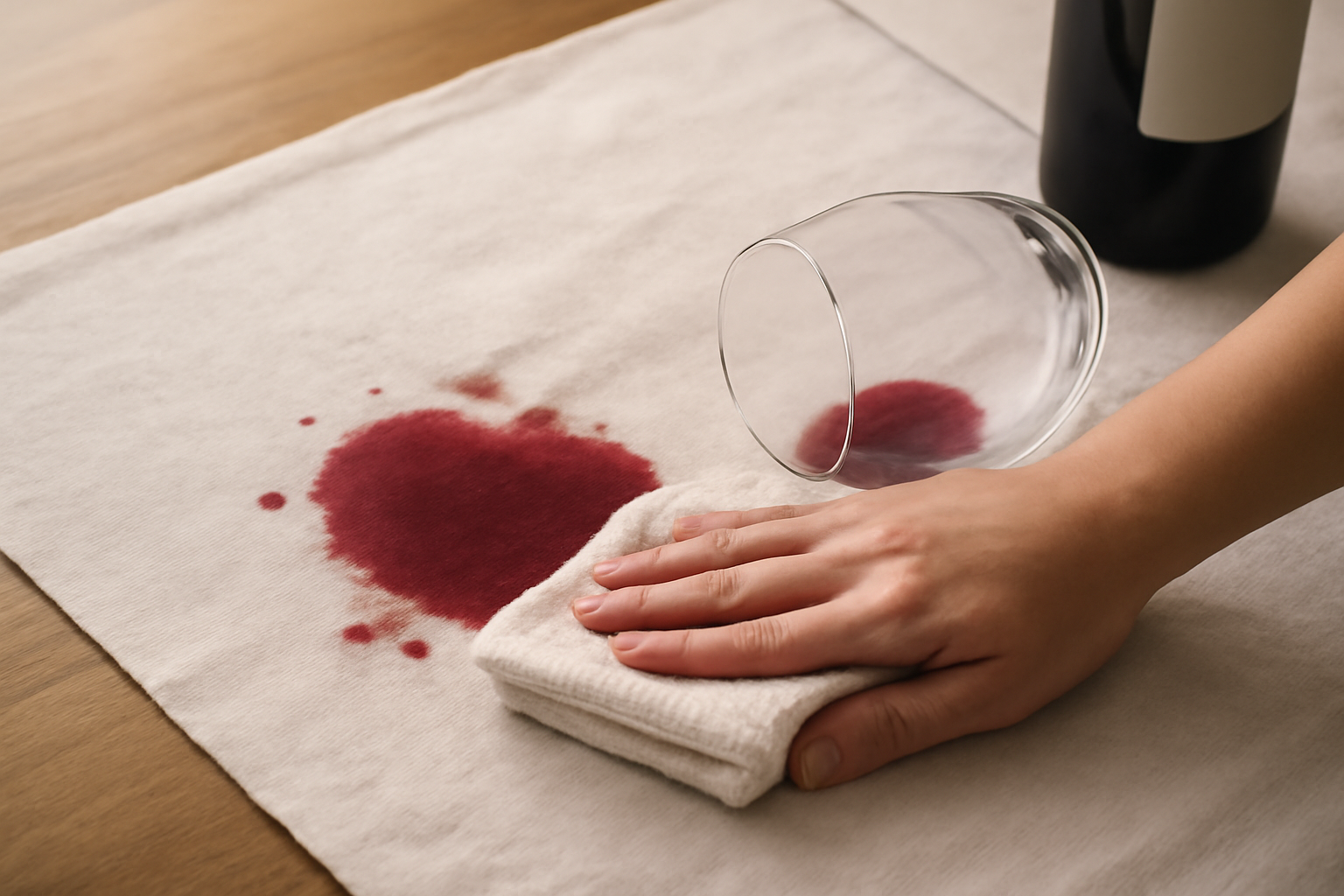 Imagem editorial: Tirar mancha de vinho tinto de toalha de mesa de algodão: guia para mancha fresca e seca