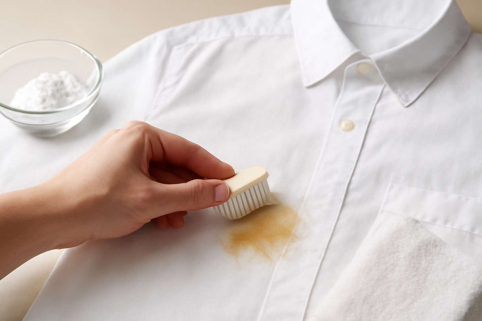 Imagen editorial: Cómo quitar una mancha de grasa de una camisa de algodón blanco: métodos para manchas frescas y secas