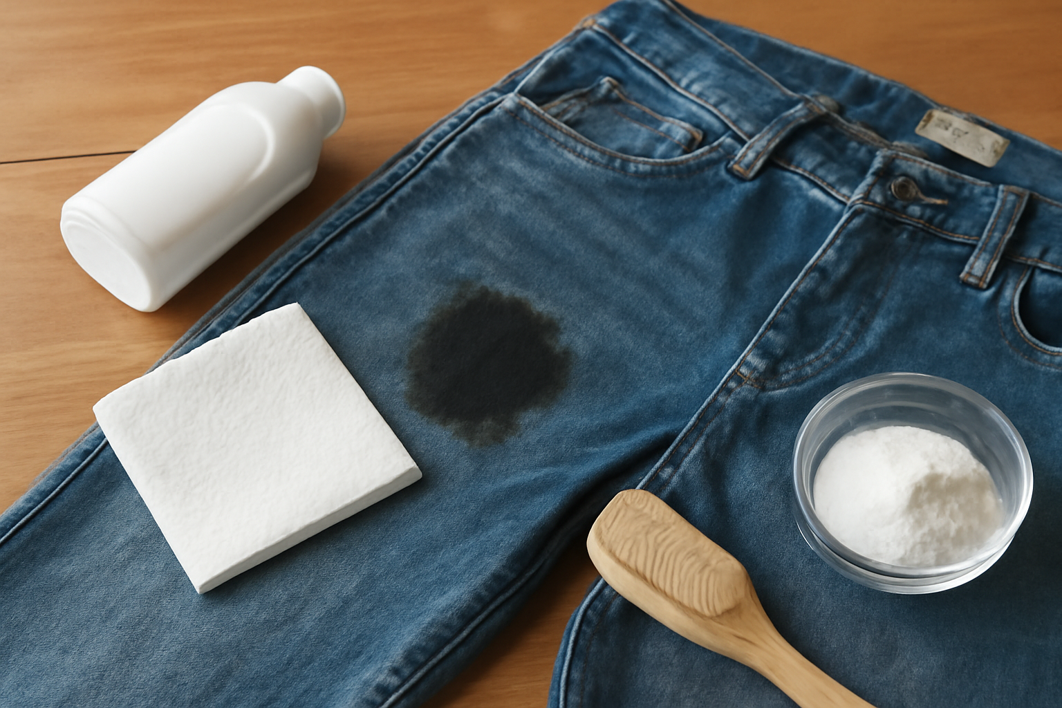 Imagem editorial: Como tirar mancha de óleo de motor de calça jeans: guia para mancha fresca e seca