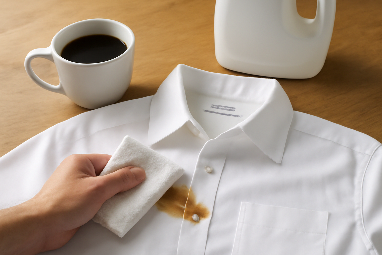 Imagen editorial: Cómo quitar una mancha de café de una camisa de poliéster blanco: métodos para manchas frescas y secas
