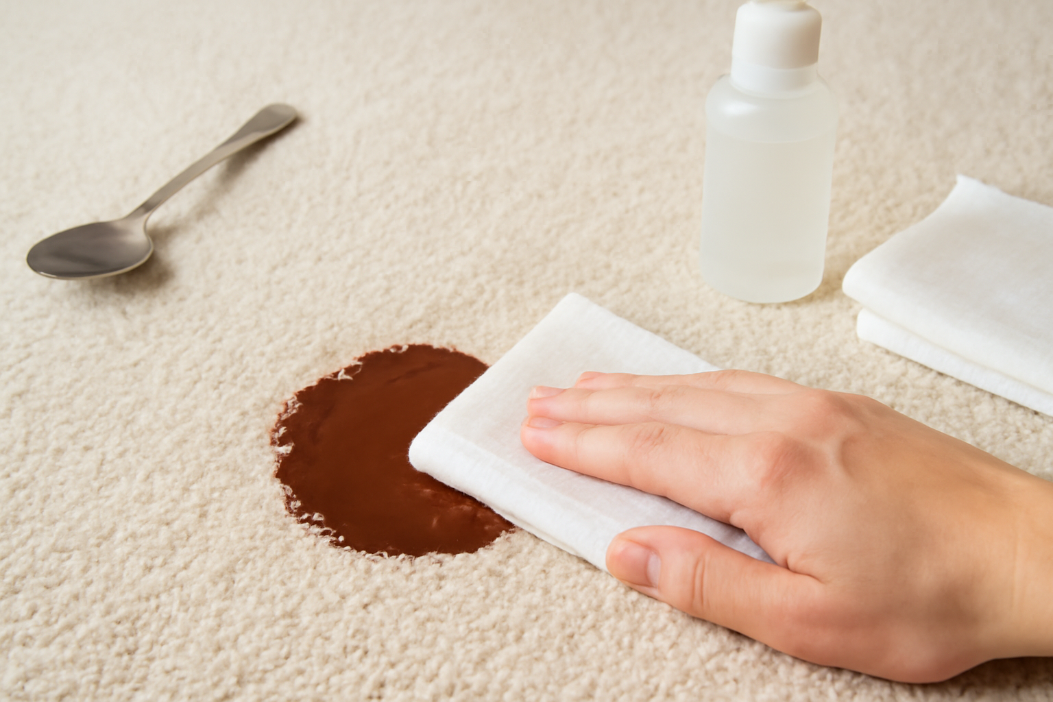 Imagem editorial: Tirar mancha de chocolate de carpete claro: guia para mancha fresca e seca