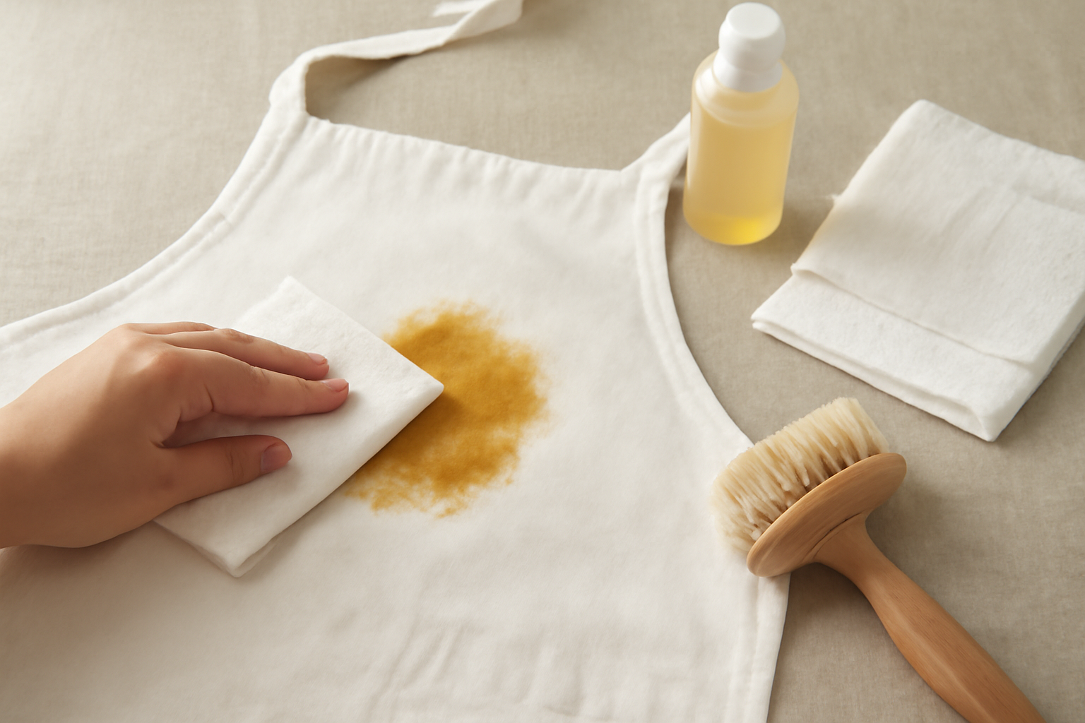 Imagem editorial: Como tirar mancha de óleo de cozinha de avental de algodão: guia para mancha fresca e seca