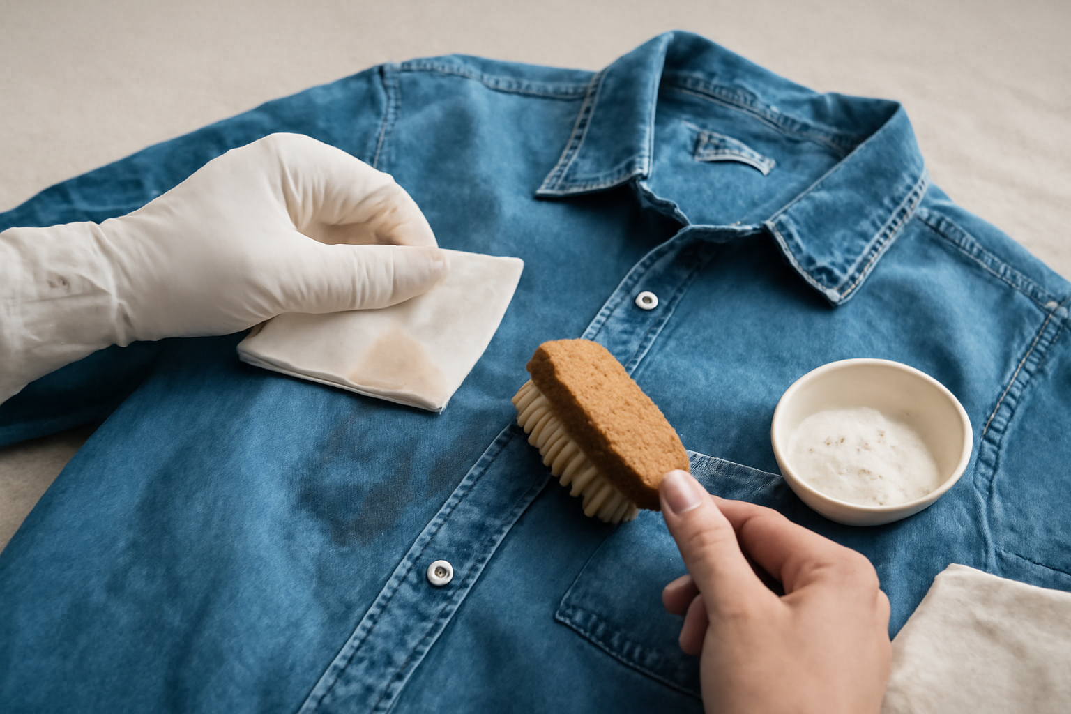 Imagen editorial: Cómo quitar una mancha de grasa de una camisa de mezclilla de color: métodos para manchas frescas y secas