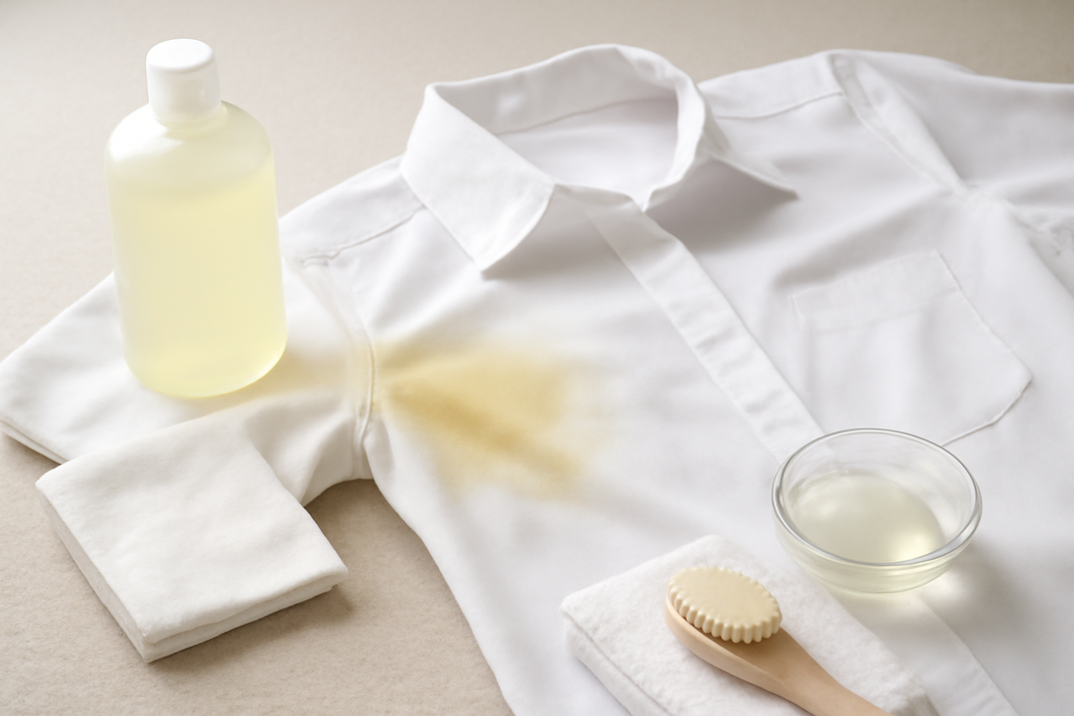 Imagen editorial: Cómo quitar manchas de sudor de una camisa blanca de poliéster: métodos para manchas frescas y secas