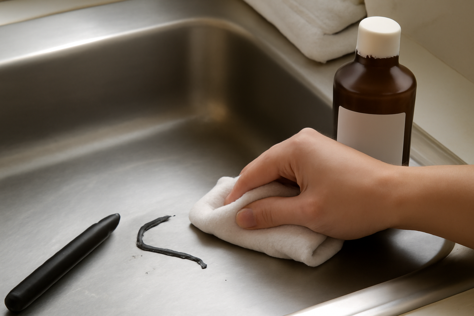 Imagem editorial: Como tirar mancha de caneta marcador permanente de pia de inox: guia para traço fresco e seco