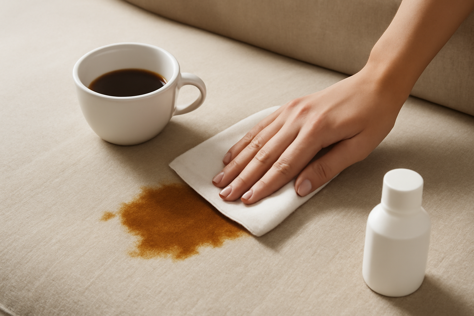 Imagem editorial: Tirar mancha de café de sofá de linho: guia para mancha fresca e seca