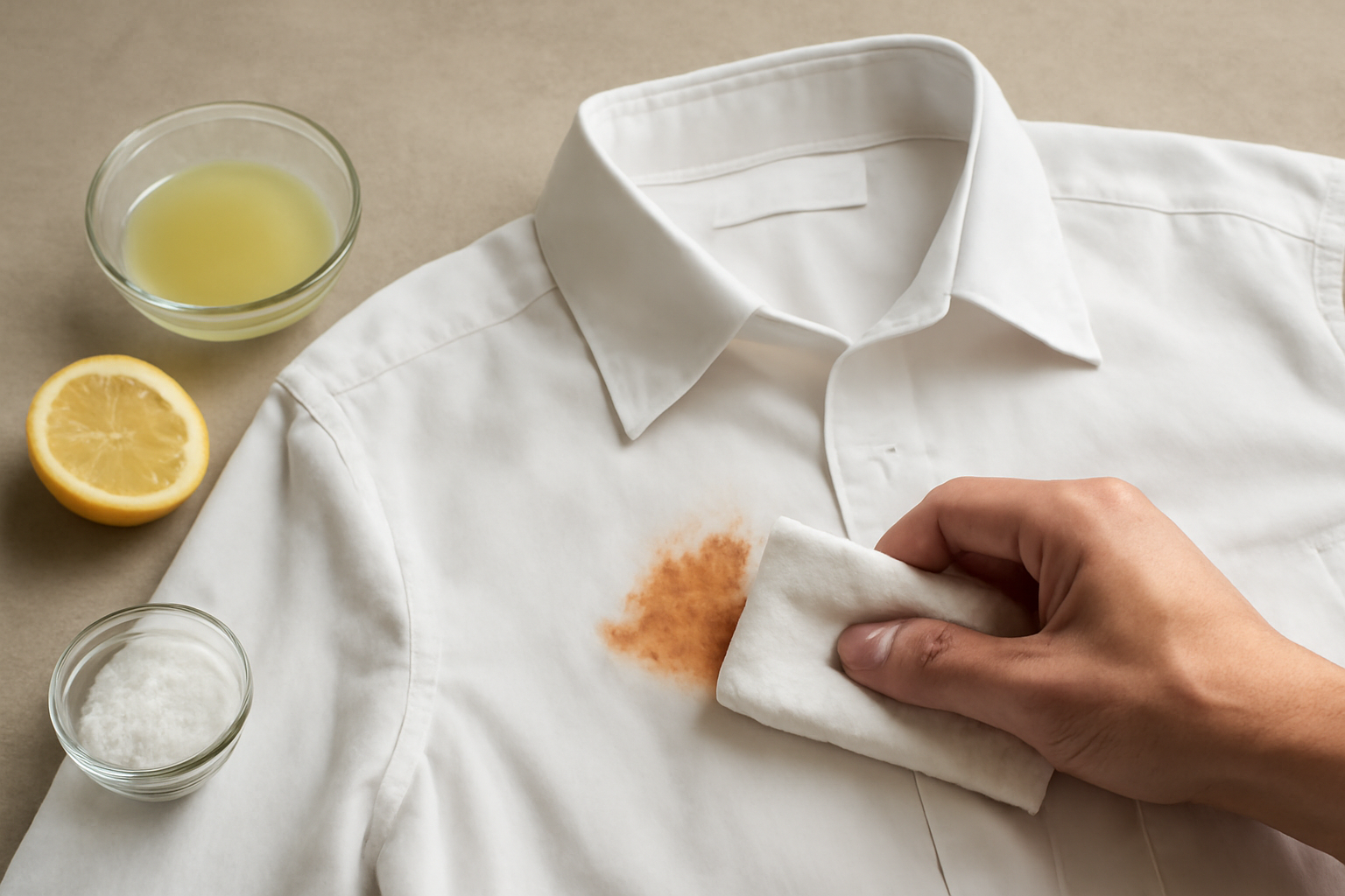Imagen editorial: Cómo quitar una mancha de óxido de una camisa de algodón blanco: métodos seguros y comparación