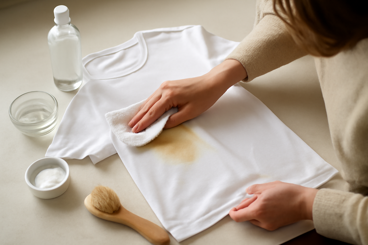 Imagem editorial: Como tirar mancha de suor de camisa branca de algodão: guia para mancha fresca e seca