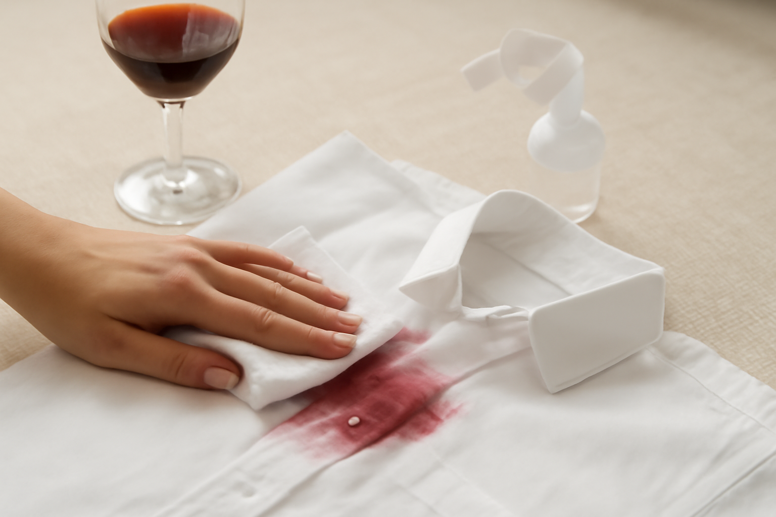 Imagen editorial: Cómo quitar una mancha de vino tinto de una camisa de algodón blanco: guía para manchas frescas y secas