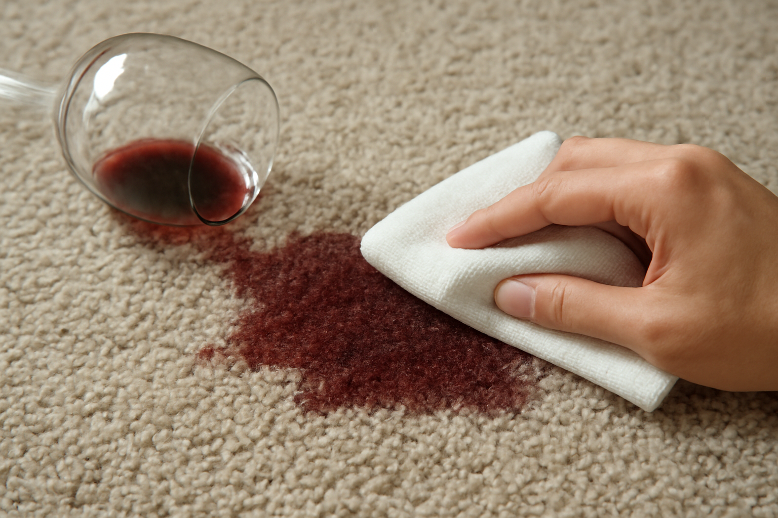 Imagen editorial: Cómo quitar una mancha de vino tinto de una alfombra de lana: métodos para manchas frescas y secas