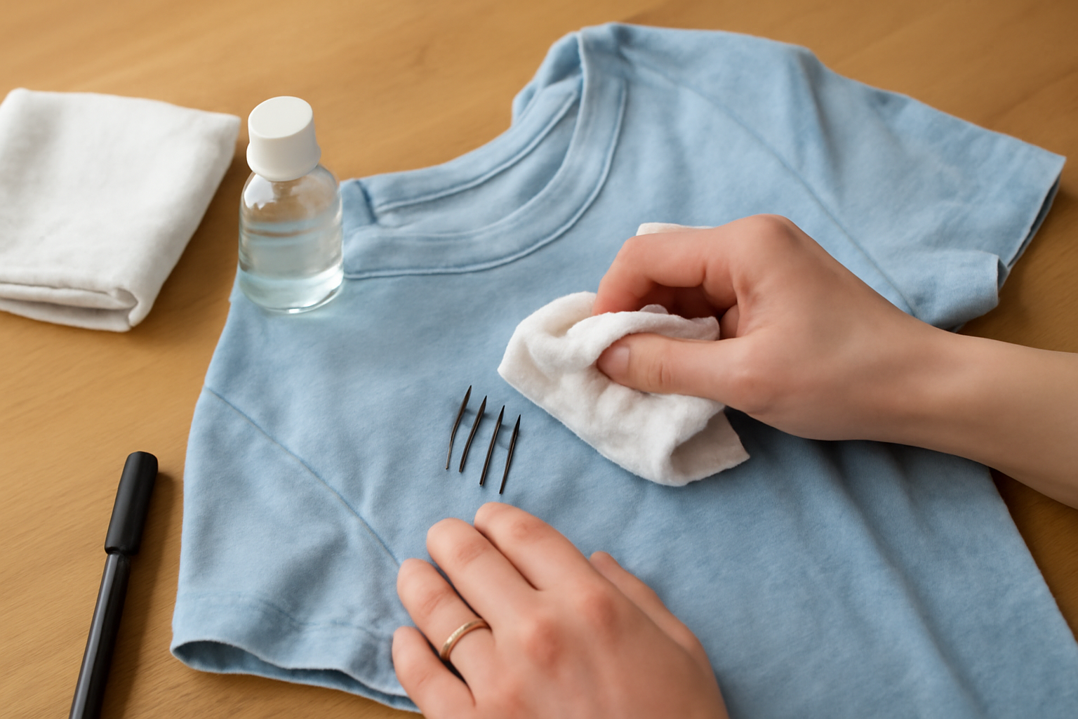 Imagen editorial: Cómo quitar una mancha de marcador permanente de una camisa de algodón de color: métodos para manchas frescas y secas