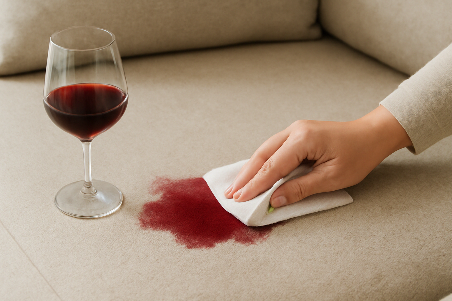 Imagem editorial: Como tirar mancha de vinho tinto de sofá de tecido: guia para mancha fresca e seca