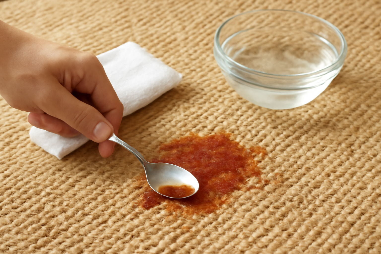 Imagem editorial: Tirar mancha de molho de tomate de tapete de sisal: guia para mancha fresca e seca