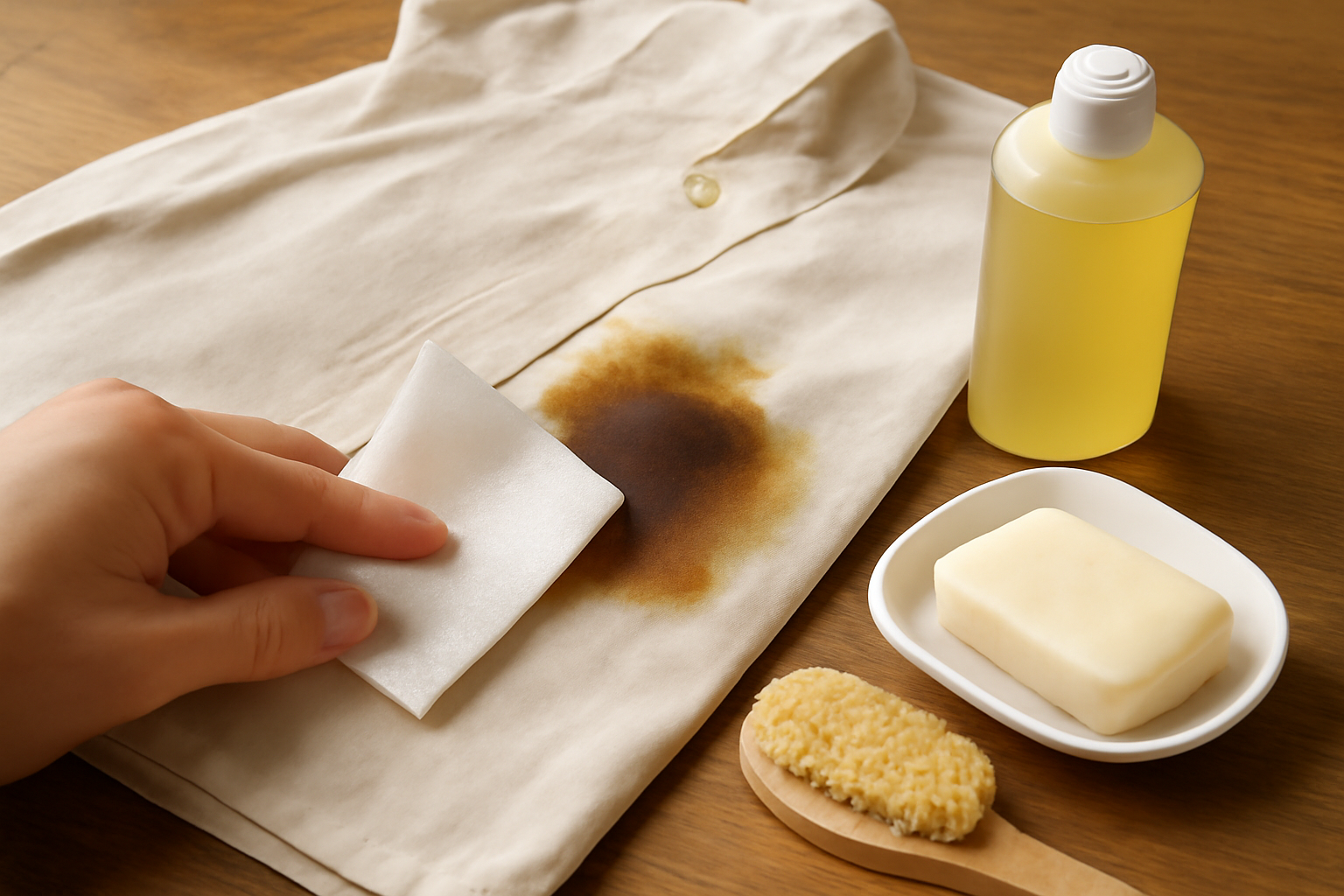 Imagen editorial: Cómo quitar una mancha de aceite de motor de una camisa de algodón de color: métodos para manchas frescas y secas