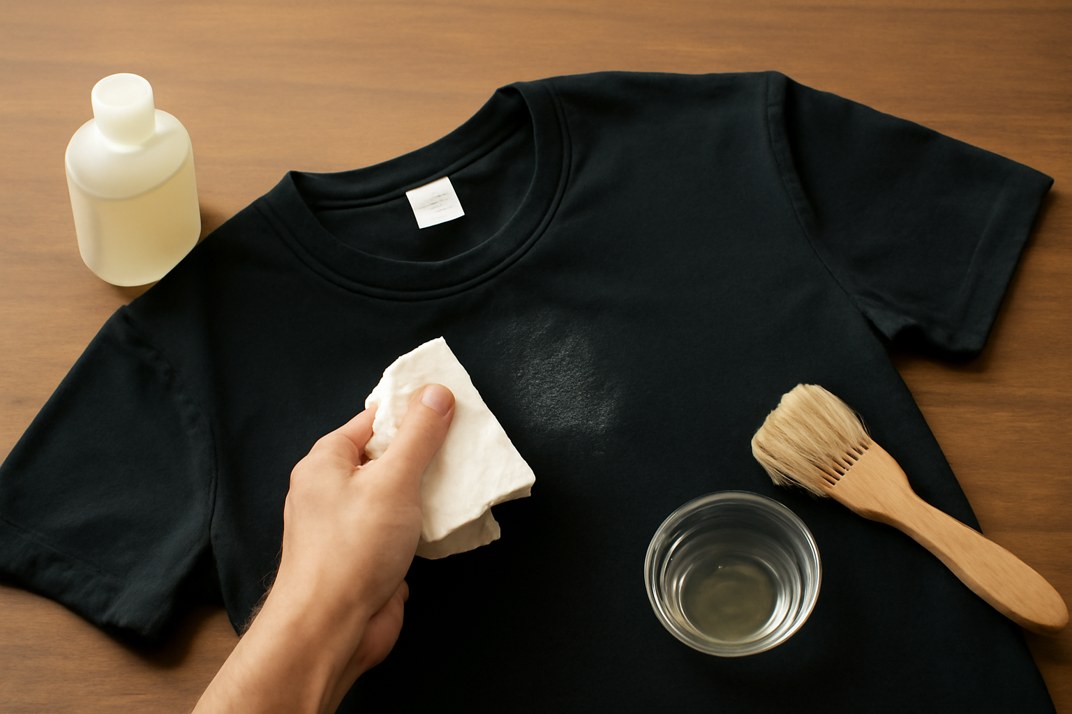 Imagem editorial: Tirar mancha de desodorante de camiseta preta: guia para marca fresca e seca