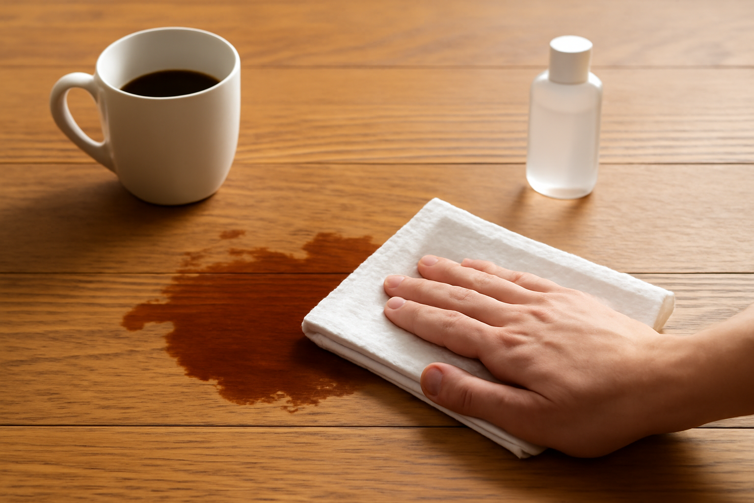 Imagem editorial: Tirar mancha de café de piso de madeira: guia seguro para mancha fresca e seca