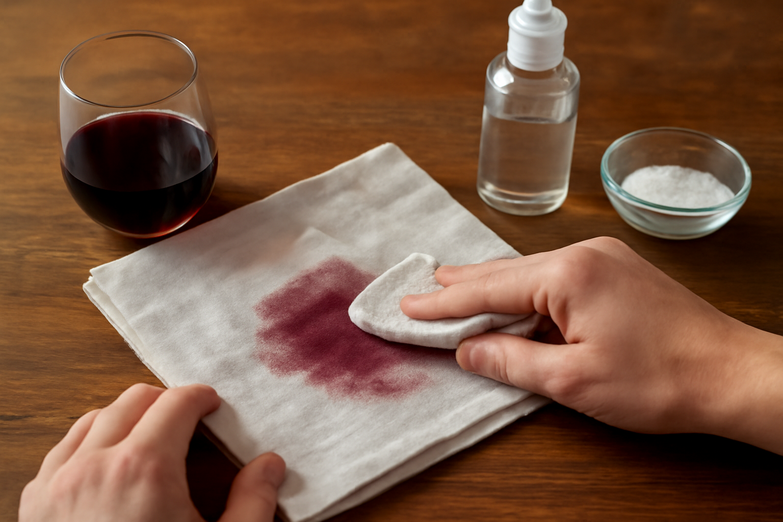 Imagem editorial: Tirar mancha de vinho tinto de guardanapo de linho: guia para mancha fresca e seca
