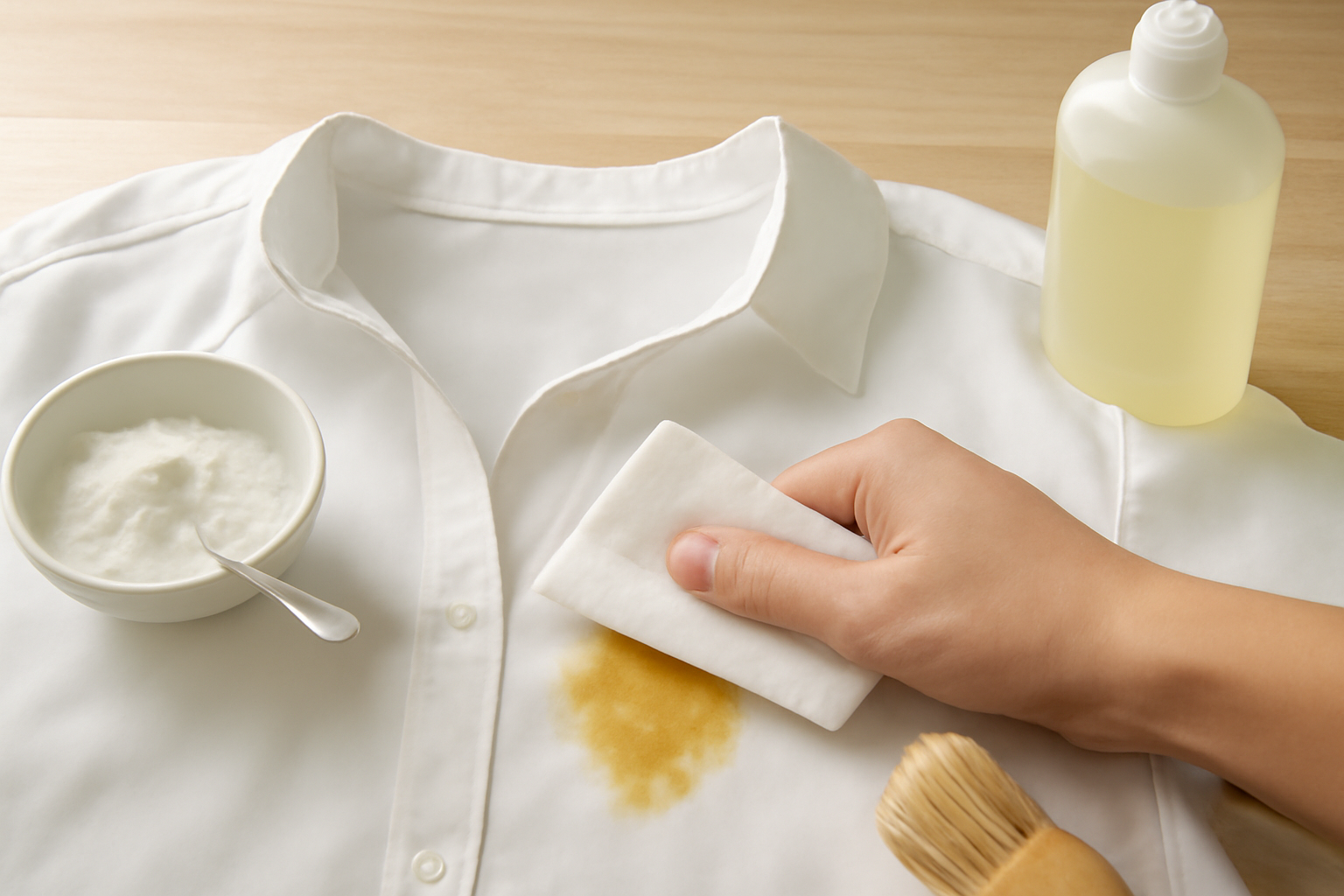 Imagen editorial: Cómo quitar una mancha de aceite de cocina de una camisa de poliéster: métodos para manchas frescas y secas