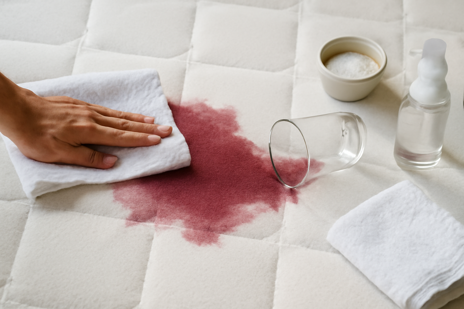 Imagen editorial: Cómo quitar una mancha de vino tinto de un colchón: métodos para manchas frescas y secas
