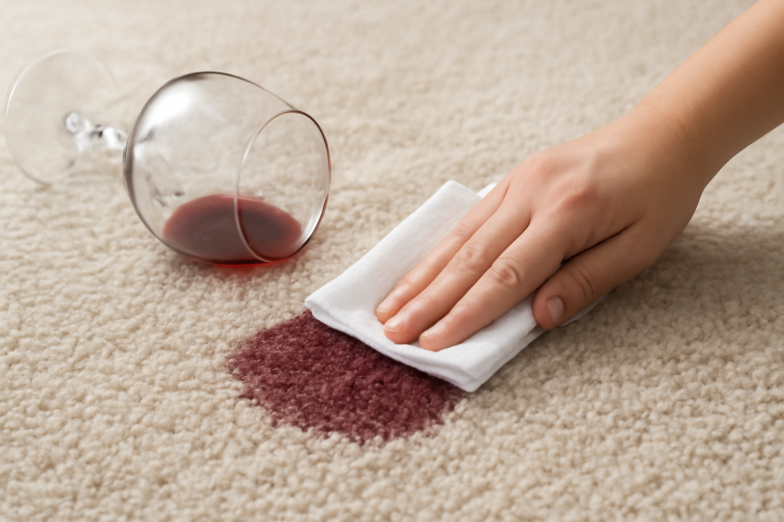 Imagem editorial: Tirar mancha de vinho tinto de carpete claro: guia para mancha fresca e seca