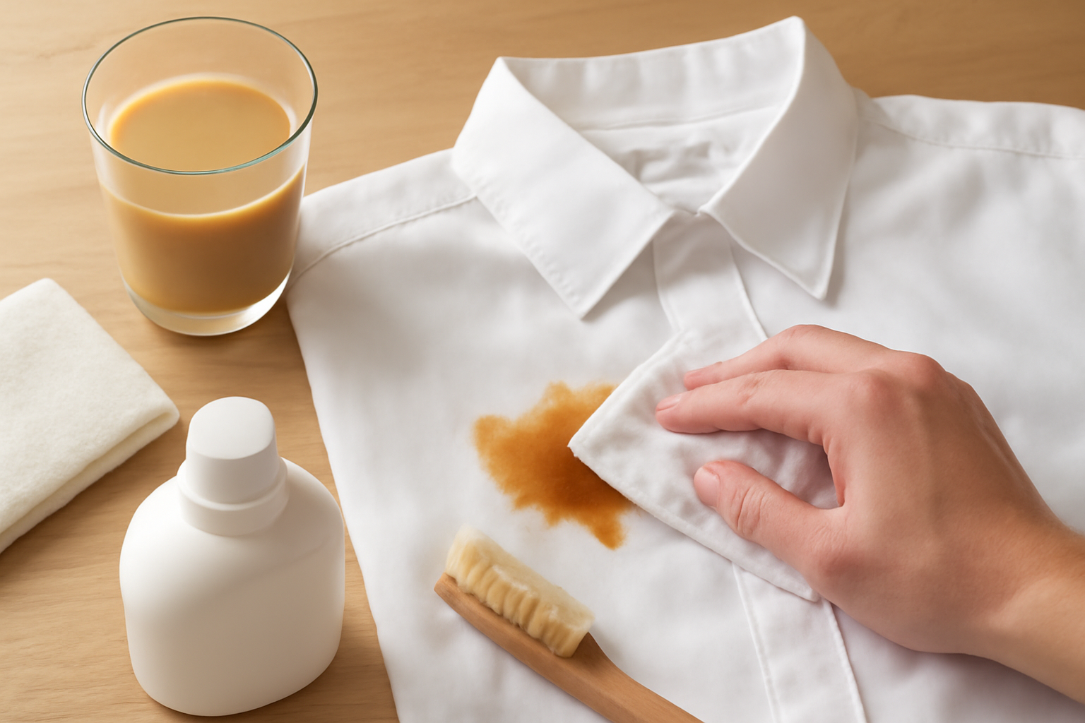 Imagem editorial: Tirar mancha de café com leite de camisa social branca: guia para mancha fresca e seca