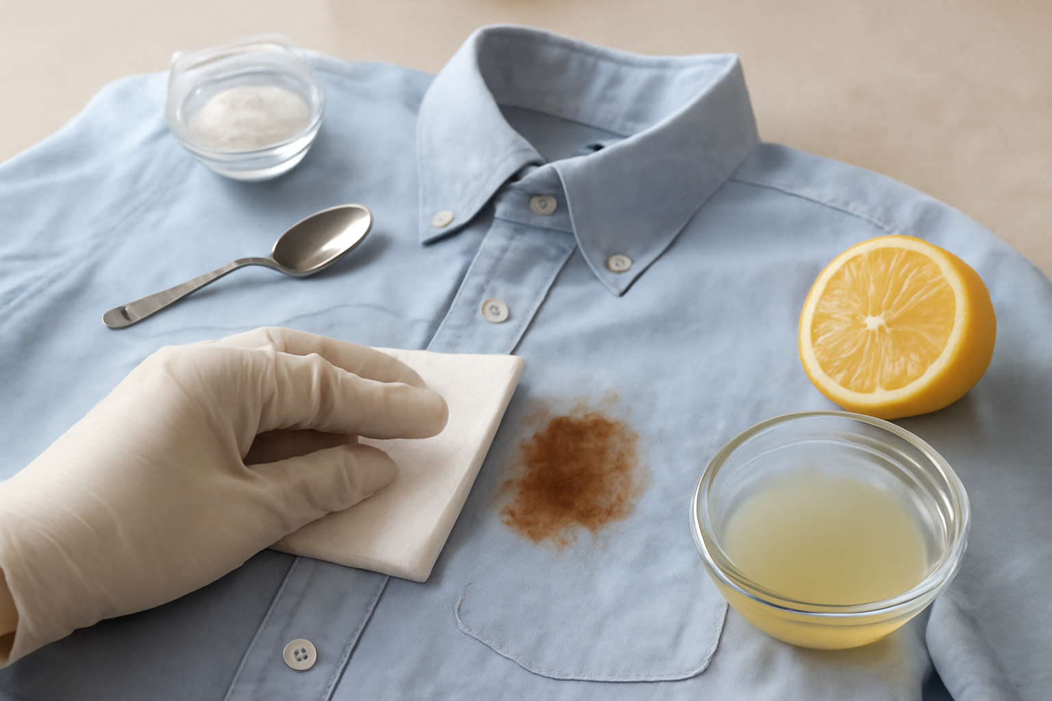 Imagen editorial: Cómo quitar manchas de óxido de una camisa de algodón de color: métodos seguros para manchas frescas y secas
