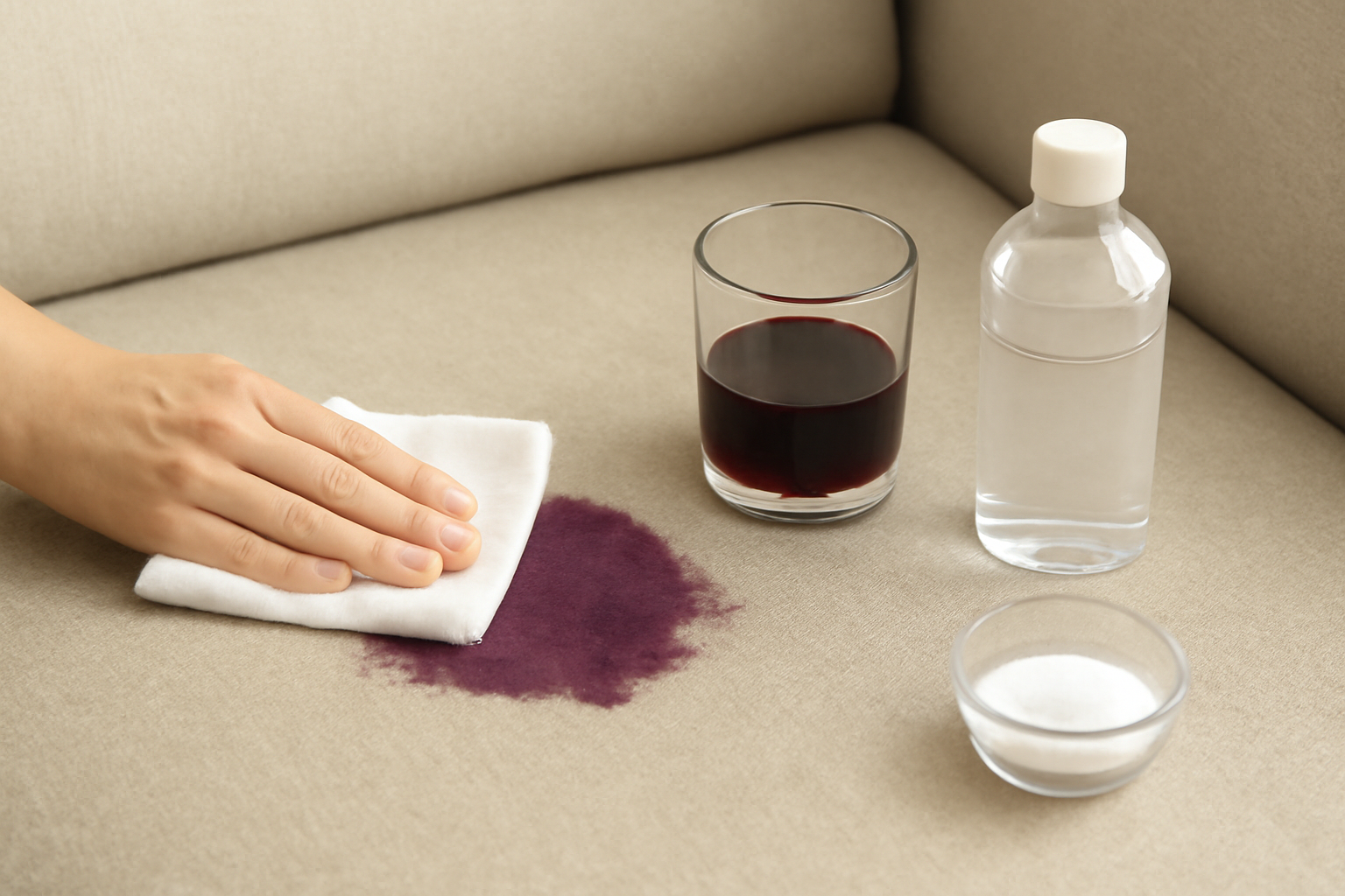 Imagem editorial: Tirar mancha de suco de uva de sofá de tecido: guia para mancha fresca e seca