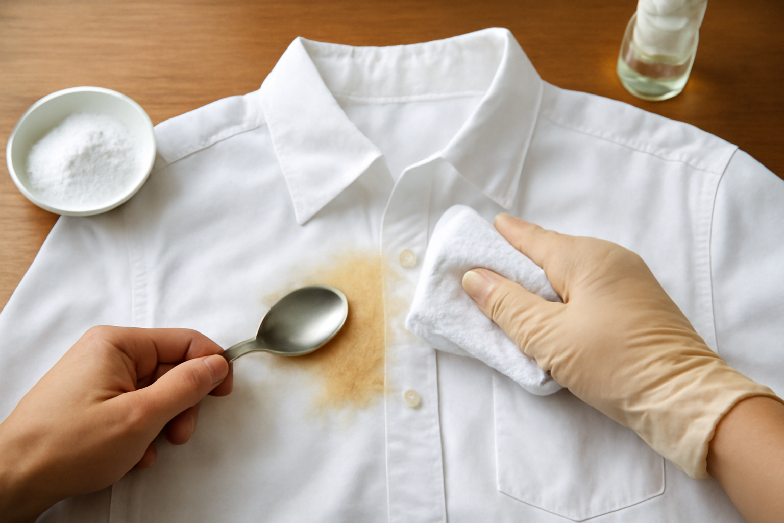 Imagen editorial: Cómo quitar una mancha de grasa de una camisa de algodón: métodos para manchas frescas y secas