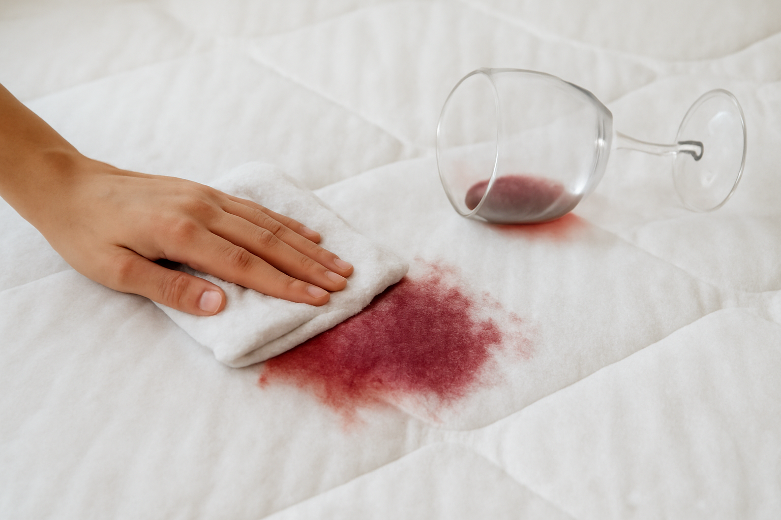 Imagem editorial: Como tirar mancha de vinho tinto de colchão: guia para mancha fresca e seca