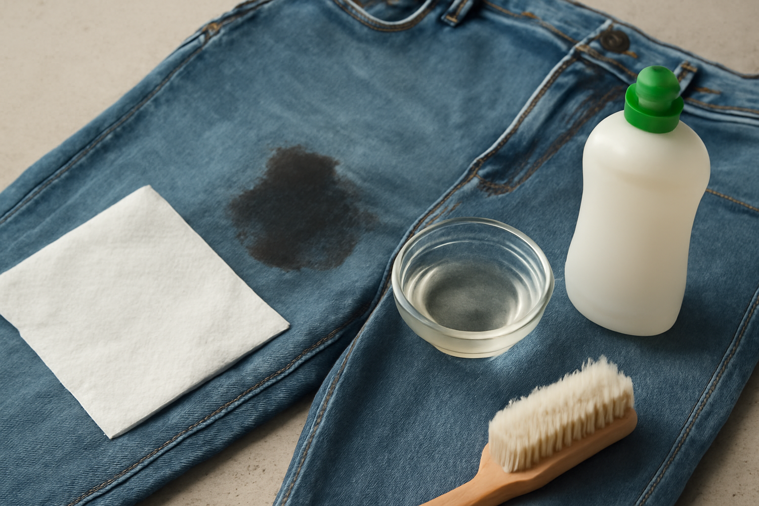 Imagem editorial: Como tirar mancha de óleo de motor de calça jeans: guia para mancha fresca e seca