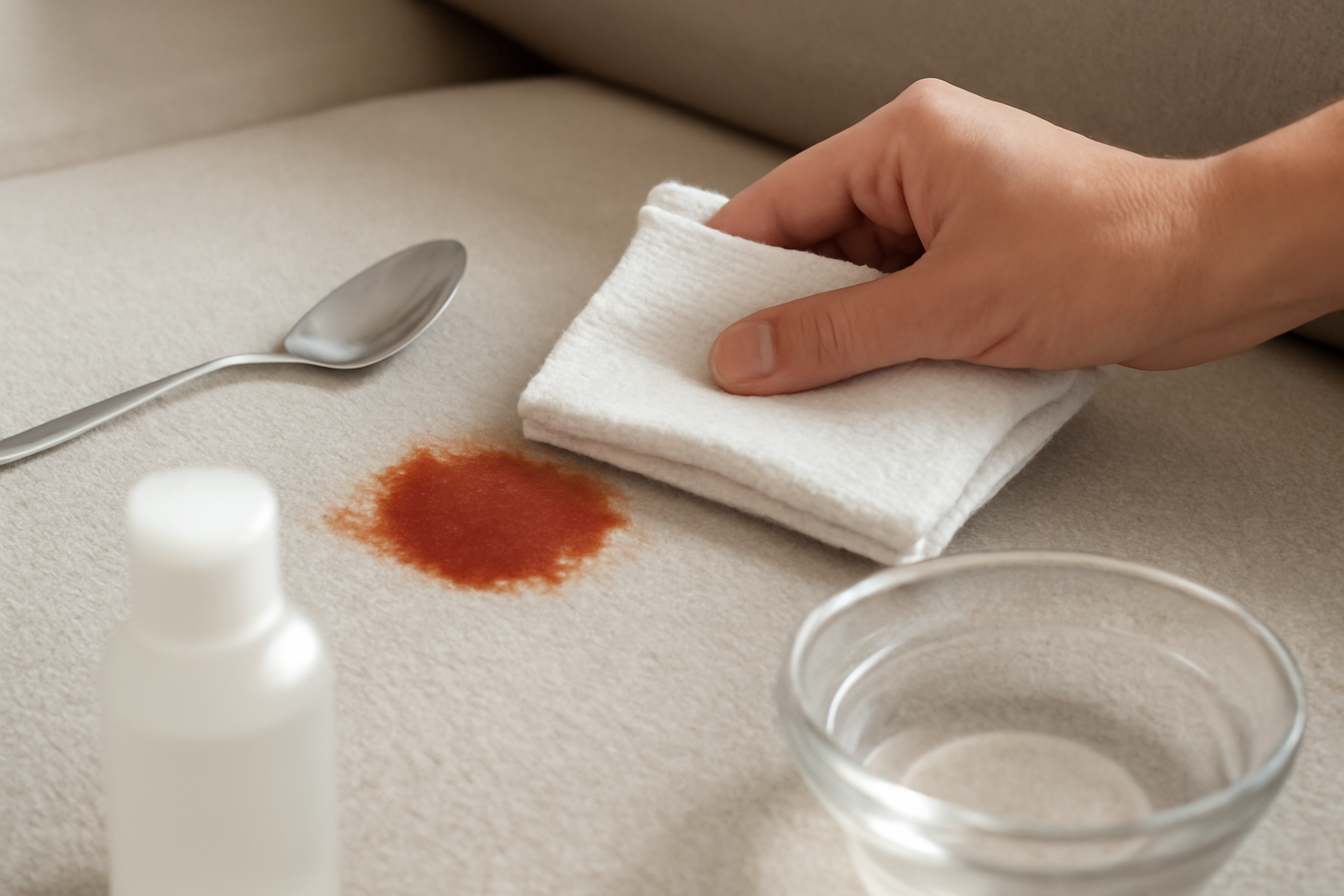 Imagem editorial: Tirar mancha de ketchup de sofá de tecido: guia para mancha fresca e seca